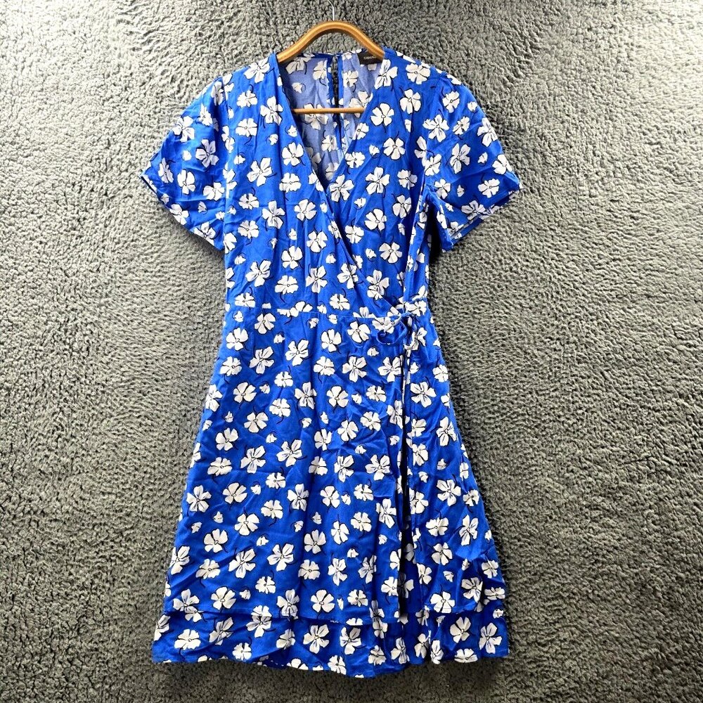Sussan Womens Wrap A-line Dress Blue White Floral Short Sleeve V-Neck